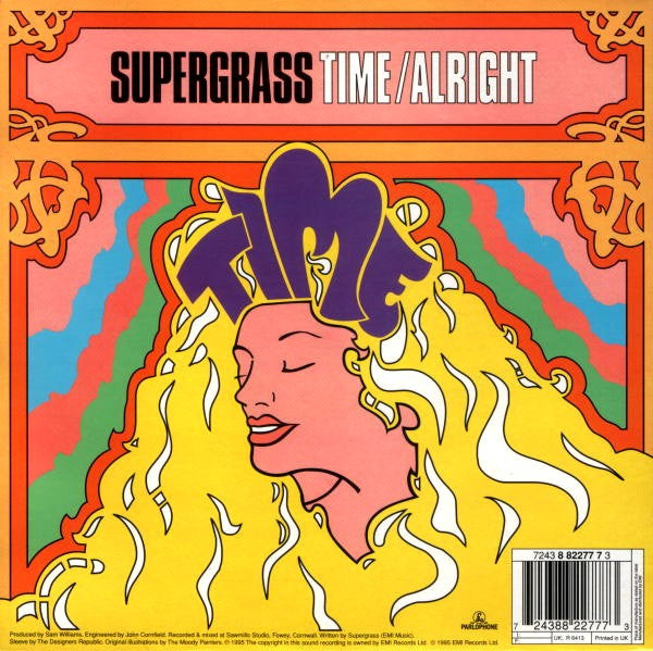 Image of Back Cover of 7" - VG/VG - SUPERGRASS, Alright / Time (Parlophone; R 6413, UK 1995, Gatefold, Orange Vinyl), Has a slight warp, plays ok. Sleeve worn at the opening, small mark to varnish.,  - 2916265C