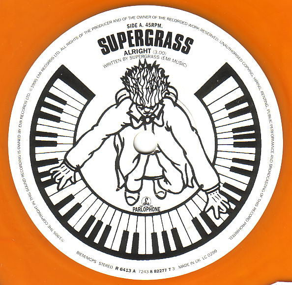 Image of Label Cover of 7" - VG/VG - SUPERGRASS, Alright / Time (Parlophone; R 6413, UK 1995, Gatefold, Orange Vinyl), Has a slight warp, plays ok. Sleeve worn at the opening, small mark to varnish.,  - 2916265C