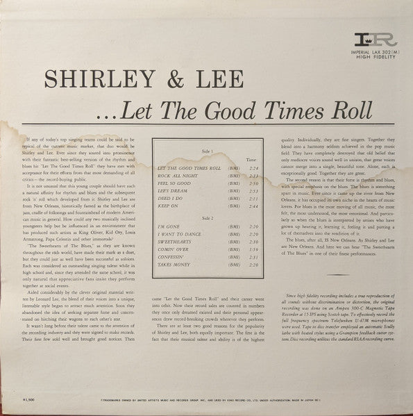 Image of Back Cover of LP - VG+/VG - SHIRLEY & LEE, Let The Good Times Roll (Imperial; LAX 302, Japan 1978 Reissue, Missing the OBI), ,  - 3326072E