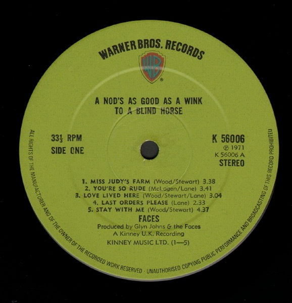 Image of Label Cover of LP - VG/VG - FACES, A Nod's As Good As A Wink (WB Green; K 56006, UK 1971, No Poster, Smaller Photos On Front And Back Sleeves), Edge Wear,  - 3146081S