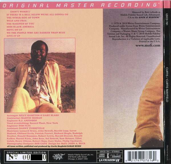 Image of Back Cover of 1014009C: CD - CURTIS MAYFIELD, Curtis (Mobile Fidelty Sound Lab; UDCD781, US 2010 Reissue, Gatefold Card Sleeve, Inner, Numbered) Limited Edition No 001685. Case has a few very minor scuffs. Disc in very nice shape with no visable marks  VG+/VG+