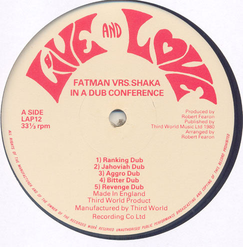 Image of Label Cover of LP - G+/VG - FATMAN VRS. SHAKA, In A Dub Conference (Live And Love; LAP 12, UK 1980), Light marks on disc, lots of shine, plays fine. Two tears on front cover, image still looks nice. ,  - 3416471C
