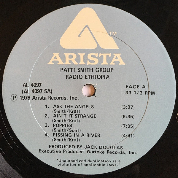 Image of Label Cover of LP - G+/VG - PATTI SMITH GROUP, Radio Ethiopia (Arista; AL4097, US 1976, Insert, Peter Pan Pressing), Sturdy sleeve with significant edge and ring wear. Strong VG disc.,  - 3146145S