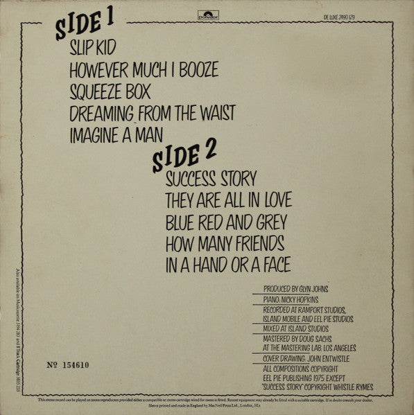 Image of Back Cover of 4644287S: LP - THE WHO, By Numbers (Polydor; 2490 129, Netherlands 1975, Numbered, Limited Edition.) No159976  VG+/VG+