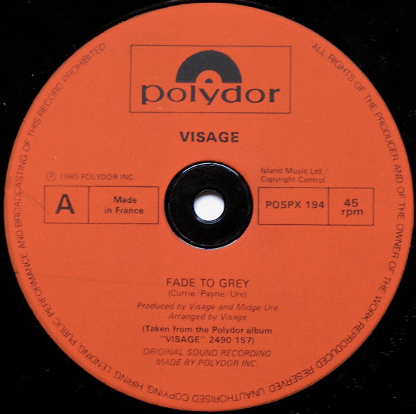 Image of Label Cover of 12" - VG/VG - VISAGE, Fade To Grey (Polydor; POSPX194, UK 1980, Made in France labels), Light marks, ring wear,  - 3446275S