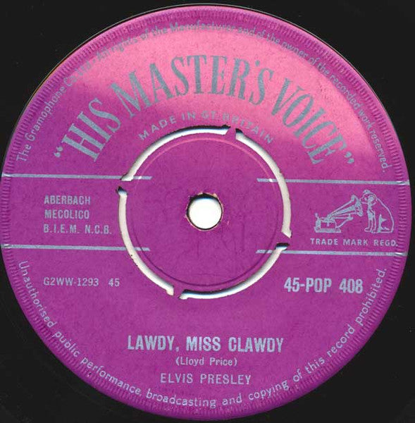 Image of Label Cover of 7" - VG+/VG - ELVIS PRESLEY, Lawdy Miss Clawdy / Tryin' To Get To You (HMV Purple With Silver Writing; 45-POP 408, UK 1957, Company Sleeve), Strong VG, Writing On Front Sleeve And Label,  - 3326172E