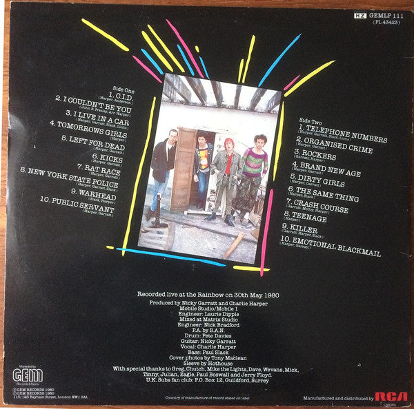 Image of Back Cover of 2xLP - VG/G+ - U.K. SUBS, Crash Course Live (Gem; GEMLP 111, UK 1980, Stickered Sleeve, Purple Vinyl with Bonus Live 12" EP in Picture Sleeve), LP is VG, 12" has lots of hairlines and visually G, Split to picture inner, Light sleeve wear.,  - 3116074C