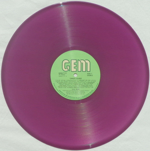 Image of Label Cover of 2xLP - VG/G+ - U.K. SUBS, Crash Course Live (Gem; GEMLP 111, UK 1980, Stickered Sleeve, Purple Vinyl with Bonus Live 12" EP in Picture Sleeve), LP is VG, 12" has lots of hairlines and visually G, Split to picture inner, Light sleeve wear.,  - 3116074C