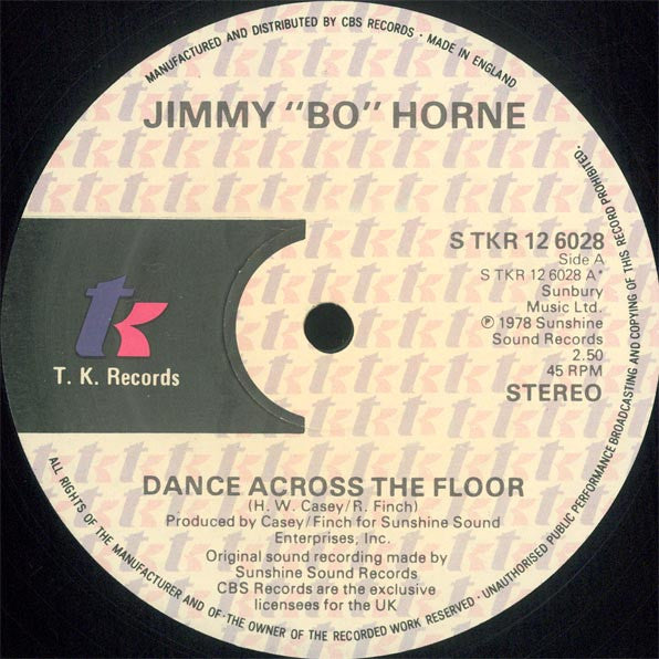 Image of Back Cover of 4644309S: 12" - JIMMY 'BO' HORNE, Dance Across The Floor / It's Your Sweet Love (T.K. Records; S TKR 12 6028, UK 1978, Picture Sleeve, Limited Edition) Writing on label, ring and corner wear, general sleeve wear and creasing.  VG/VG+