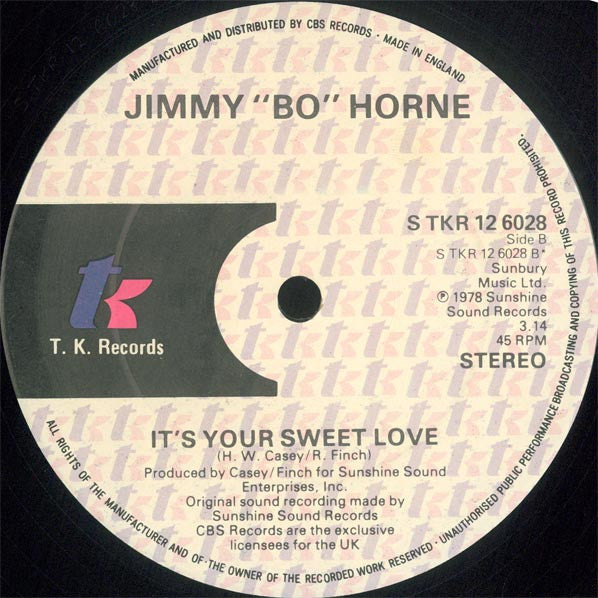 Image of Label Cover of 4644309S: 12" - JIMMY 'BO' HORNE, Dance Across The Floor / It's Your Sweet Love (T.K. Records; S TKR 12 6028, UK 1978, Picture Sleeve, Limited Edition) Writing on label, ring and corner wear, general sleeve wear and creasing.  VG/VG+