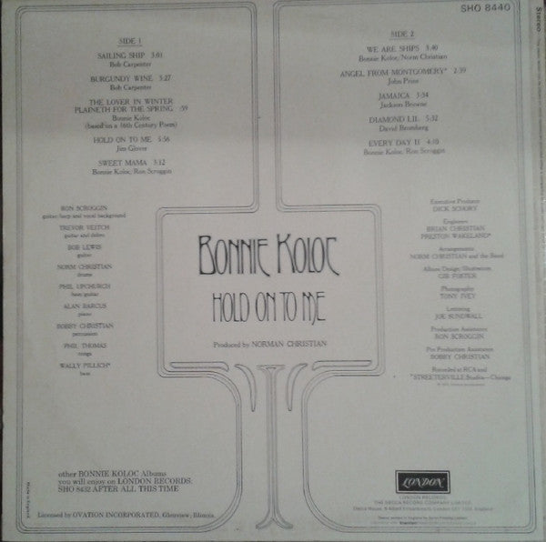 Image of Back Cover of 3124302E: LP - BONNIE KOLOC, Hold on to Me (London Plum; SHO 8440, UK 1972, Laminated Sleeve)   VG/VG