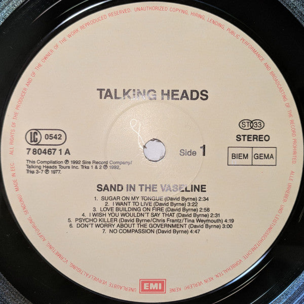Image of Label Cover of 3xLP - VG/G+ - TALKING HEADS, Sand In The Vaseline - Popular Favorites 1976-1992 (EMI; 077778046615, Europe 1992, 3 Inners), Edge and Ring Wear,  - 3626261E