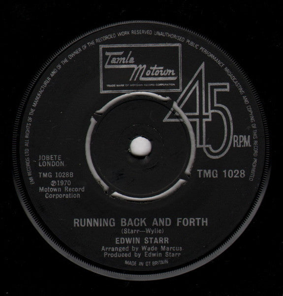 Image of Back Cover of 4724038E: 7" - EDWIN STARR, Time / Running Back And Forth (Tamla Motown; TMG 1028, UK 1976, 4 prong centre) Lots of marks on disc. Some light clicks on intro of both sides but strong when the tracks kick in.  /G+