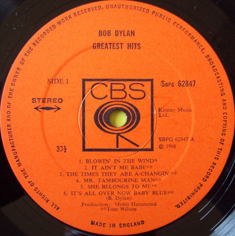 Image of Label Cover of 0426298E: LP - BOB DYLAN, Greatest Hits (CBS Smooth Orange (33 1/3 On Label); 62847, UK 1971 Reissue, Non Laminated Sleeve, Stereo)   VG/VG