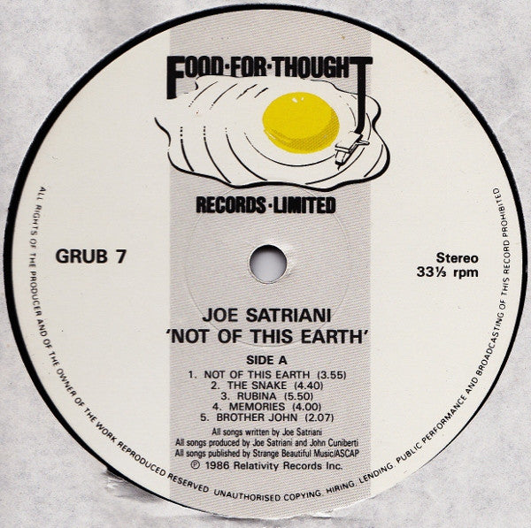 Image of Label Cover of 0145030S: LP - JOE SATRIANI, Not Of This Earth (Food For Thought Records; GRUB 7, UK 1986) Edge Wear  VG/VG+