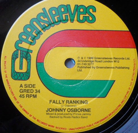 Image of Front Cover of 12" - VG/EX - JOHNNY OSBOURNE, Fally Ranking / Trench Town School (Greensleeves Records; GRED 34, UK 1980, Company Sleeve), Shiny clean copy, clean labels. WOC.,  - 3716022C
