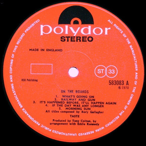 Image of Label Cover of LP - VG/G+ - TASTE, On the Boards (Polydor Red Label; 583083, UK 1970, Textured Sleeve, Pinched Spine, Stereo, Rory Gallagher), Strong G+,  - 3146159S