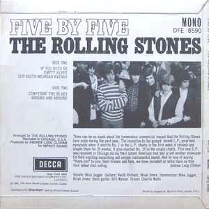 Image of Back Cover of 3413366C: 7" EP - THE ROLLING STONES, Five By Five (Decca Blue Unboxed; DFE8590, UK 1964, Flipback Sleeve, Mono)   VG/G+