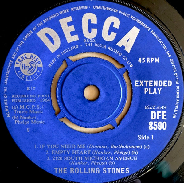 Image of Label Cover of 3413366C: 7" EP - THE ROLLING STONES, Five By Five (Decca Blue Unboxed; DFE8590, UK 1964, Flipback Sleeve, Mono)   VG/G+