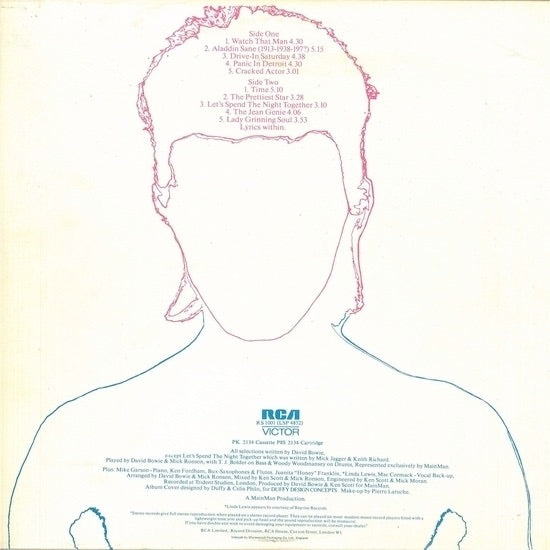 Image of Back Cover of LP - VG/VG - DAVID BOWIE, Aladdin Sane (RCA Victor Orange; RS1001, UK 1973, Gatefold, Inner, Not Dynaflex), strong VG all round - Hairlines, a few indents on front cover,  - 2346019S