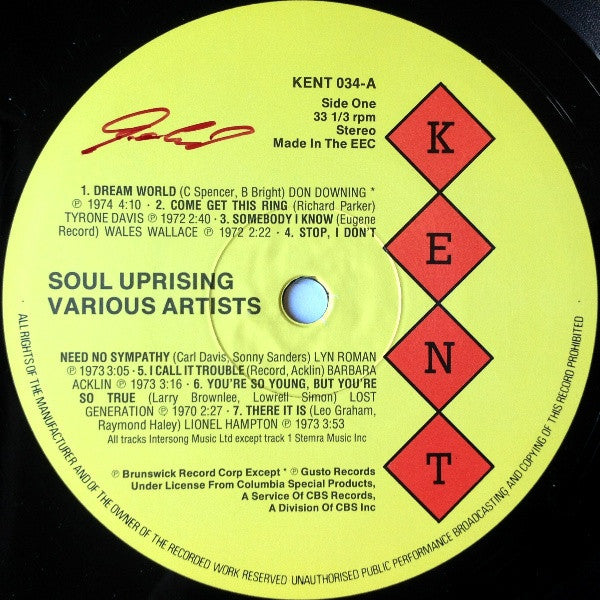 Image of Label Cover of LP - G+/G+ - VARIOUS ARTISTS, Soul Uprising (Kent; KENT 034, UK 1985), Large pressing flaw on run-in (B-side) which doesn't affect play. Sleeve worn, scuffed, creased and stained, lightly ripped. Writing on reverse in pen,  - 3316539C