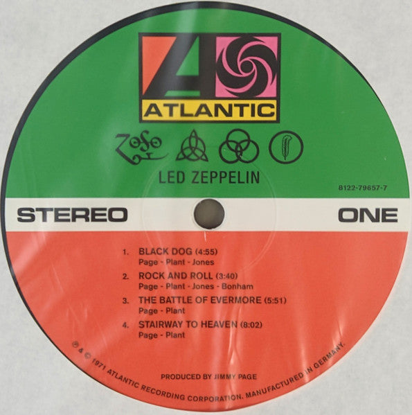 Image of Label Cover of LP - NEW/NEW - LED ZEPPELIN, Untitled (Led Zeppelin IV) (Atlantic; 8122-79657-7, Europe 2021 Reissue, Gatefold, Insert, 180 Gram Vinyl. ), , The untitled fourth studio album by the English rock band Led Zeppelin, commonly known as Led Zeppelin IV, was released on 8 November 1971 by Atlantic Records. It was produced by guitarist Jimmy Page and recorded between December 1970 and February 1971, mostly in the country house Headley Grange. Featuring "Black Dog", "Misty Mountain Hop", and 