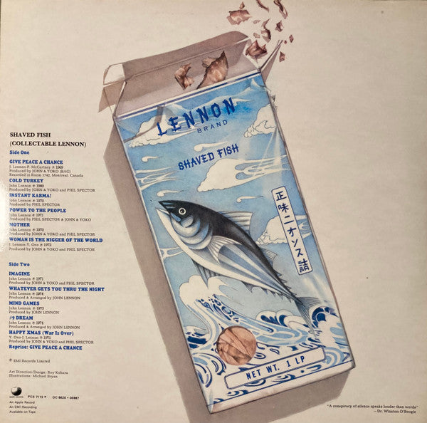 Image of Back Cover of LP - VG/VG+ - JOHN LENNON, Shaved Fish (Apple; PCS 7173, UK 1975, Inner with 3 cut corners, McCartney Credit on Give Peace a Chance, -1U/-1U Runouts), Foxing on cover & inner,  - 2246016S