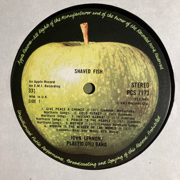 Image of Label Cover of LP - VG/VG+ - JOHN LENNON, Shaved Fish (Apple; PCS 7173, UK 1975, Inner with 3 cut corners, McCartney Credit on Give Peace a Chance, -1U/-1U Runouts), Foxing on cover & inner,  - 2246016S