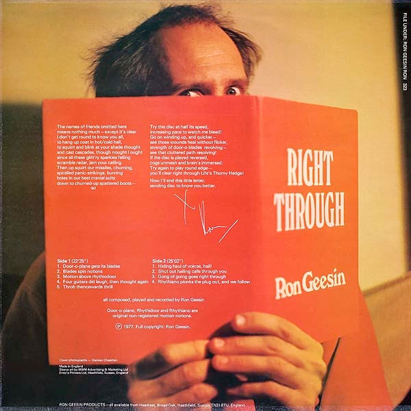 Image of Back Cover of 2614011C: LP - RON GEESIN, Right Through (Ron Geesin Products; RON 323, UK 1977, Laminated Sleeve) Very clean copy  VG+/VG+