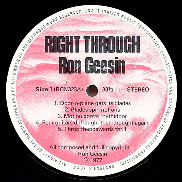 Image of Label Cover of 2614011C: LP - RON GEESIN, Right Through (Ron Geesin Products; RON 323, UK 1977, Laminated Sleeve) Very clean copy  VG+/VG+