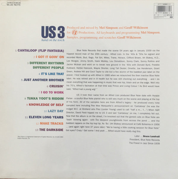 Image of Back Cover of 2314354C: LP - US3, Hand on the Torch (Blue Note; 0777 7 8083 1 8, UK 1993, Inner) Disc has light marks only. Strong VG. Sleeve is in great nick!  VG+/VG