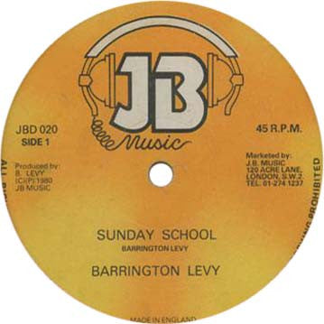 Image of Front Cover of 12" - /G+ - BARRINGTON LEVY, Sunday School /  Disco Music (JB Music; JBD 020, UK 1980, Company Sleeve), Light marks only, plays VG.,  - 3646042S