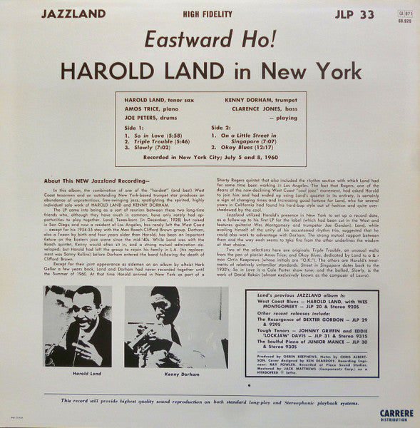 Image of Back Cover of 3624126E: LP - HAROLD LAND WITH KENNY DORHAM, Eastward Ho! Harold Land In New York (Jazzland; 68.920, France 1982 Reissue, Picture Sleeve) Surface Marks From Storage, Edge and Ring Wear.  VG/VG