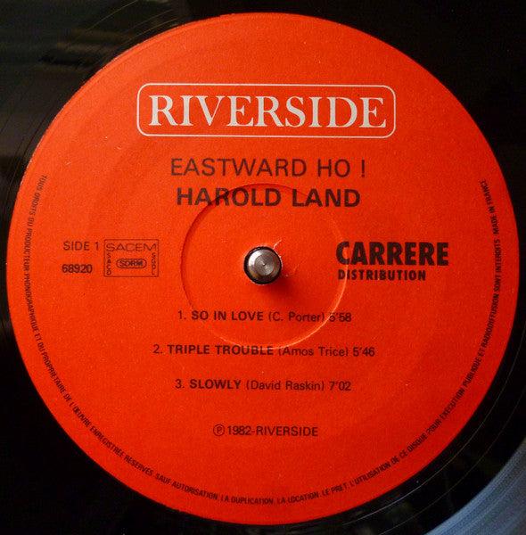 Image of Label of 3624126E: LP - HAROLD LAND WITH KENNY DORHAM, Eastward Ho! Harold Land In New York (Jazzland; 68.920, France 1982 Reissue, Picture Sleeve) Surface Marks From Storage, Edge and Ring Wear.  VG/VG