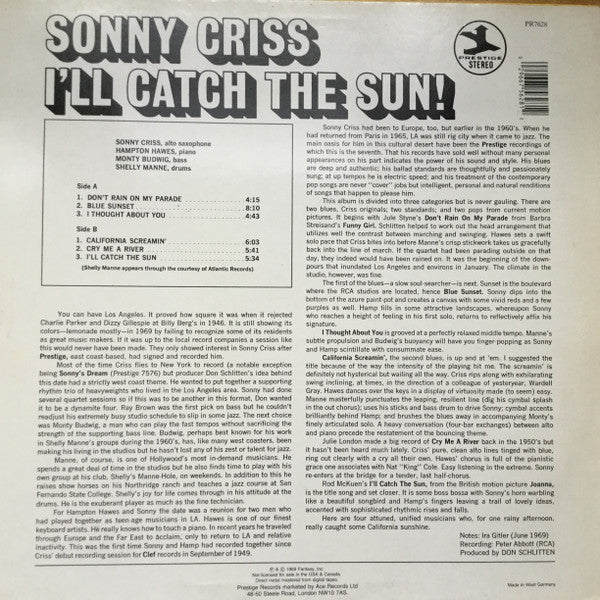 Image of Back Cover of LP - VG+/G+ - SONNY CRISS, I'll Catch The Sun! (Prestige; PR 7268, Germany 1980s Reissue), Lighter marks only,  - 4016490C