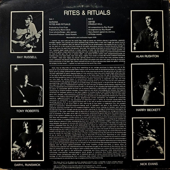 Image of Back Cover of 4544055S: LP - RAY RUSSELL, Rites And Rituals (CBS Orange; 64271, UK 1971) Edge and surface wear to sleeve. Vinyl has light marks only.  VG/VG