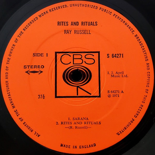 Image of Label Cover of LP - VG/VG+ - RAY RUSSELL, Rites And Rituals (CBS Orange; 64271, UK 1971), ,  - 2326303E