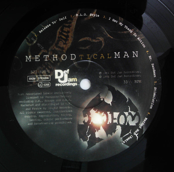 Image of Label Cover of LP - F/G - METHOD MAN, Tical (Def Jam; 523 839-1, Europe 1994, Inner), Very battered sleeve with split seam on spine, heavy edgewear, many creases etc. Record is very marked.,  - 3826104E