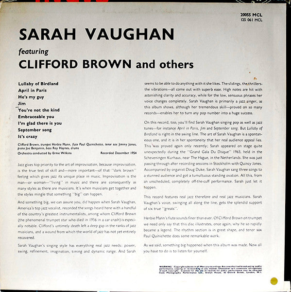 Image of Back Cover of LP - VG/VG - SARAH VAUGHAN, Sarah Vaughan (Mercury ; 125 061 MCL, UK 1964 Reissue, Laminated Pasteback Sleeve, Mono), ,  - 1926329E