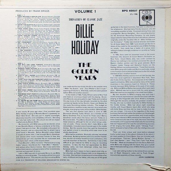 Image of Back Cover of LP - VG/VG+ - BILLIE HOLIDAY, Golden Years Vol. 1 (CBS Orange (33 On Label); BPG 62037, UK 1962, Insert, Mono), ,  - 3626122E