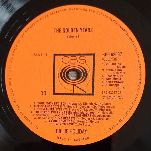 Image of Label Cover of LP - VG/VG+ - BILLIE HOLIDAY, Golden Years Vol. 1 (CBS Orange (33 On Label); BPG 62037, UK 1962, Insert, Mono), ,  - 3626122E