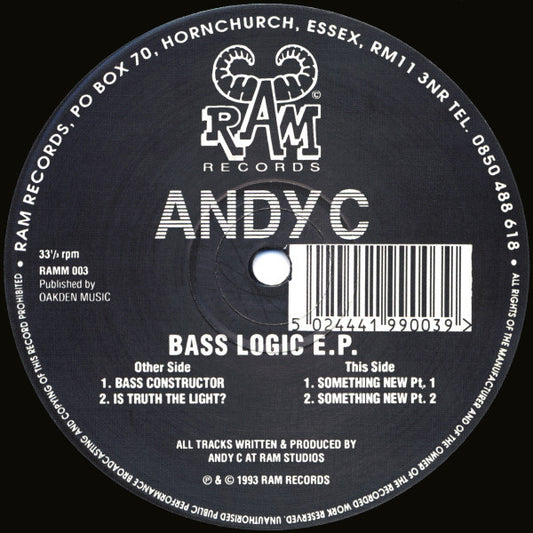 Image of Front Cover of 12" - /G+ - ANDY C, Bass Logic E.P. (Ram; RAMM003, UK 1993, Plain Sleeve), A few light marks and a minor warp, plays well., A1 - Bass ConstructorA2 - Is Truth The Light?	AA1 - Something New (Pt. 1)AA2 - Something New (Pt. 2) - 2626059E