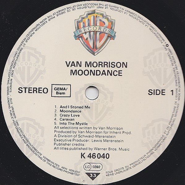 Image of Label Cover of LP - VG/VG - VAN MORRISON, Moondance (Warner Bros. Records; K 46 040, Europe 1980s Reissue, Two Lines Of Circular Label Text. G Price Code), ,  - 2526329E
