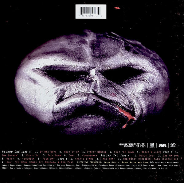 Image of Back Cover of 2xLP - VG/F - ONYX, Shut 'Em Down (JMJ; 314 536 988-1, US 1998, 2 Inners), Records very marked and scuffed, plays through with surface noise, clicks etc. throughout. Sleeve in shrink-wrap, with creased and worn / damaged corners. Inners ripped and damaged,  - 3416496C