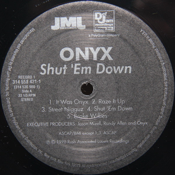 Image of Label Cover of 2xLP - VG/F - ONYX, Shut 'Em Down (JMJ; 314 536 988-1, US 1998, 2 Inners), Records very marked and scuffed, plays through with surface noise, clicks etc. throughout. Sleeve in shrink-wrap, with creased and worn / damaged corners. Inners ripped and damaged,  - 3416496C