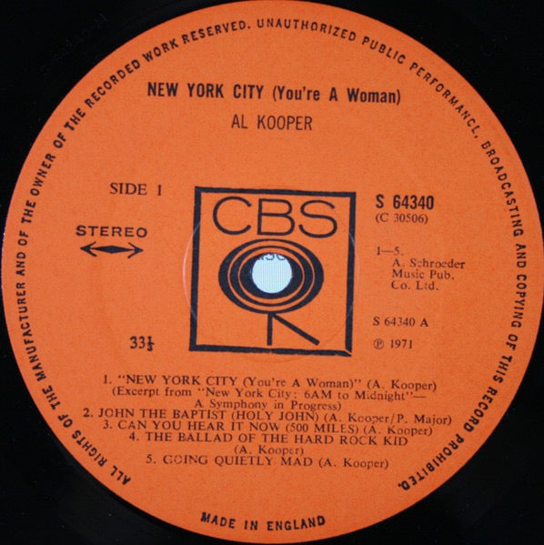 Image of Label Cover of LP - VG/VG - AL KOOPER, New York City (You're A Woman) (CBS Orange Labels; 64340, UK 1971, Unipak Gatefold, Stereo), ,  - 1616411C