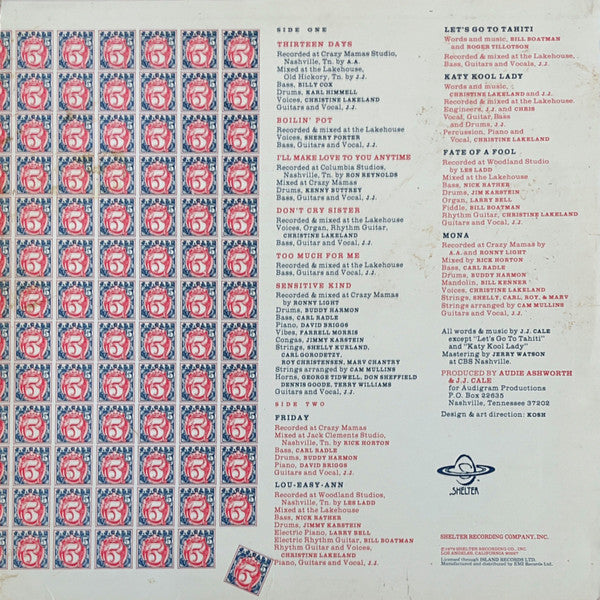 Image of Back Cover of LP - VG+/VG - J.J. CALE, 5 (Shelter Recording Company Inc. Orange Moon Label; ISA 5018, UK 1979, Black Die Cut Inner), ,  - 2926259E