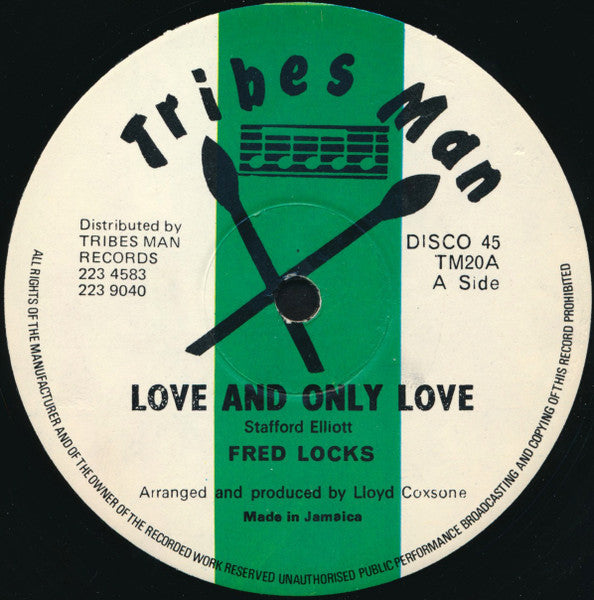 Image of Label Cover of 12" - VG/VG - FRED LOCKS, Love And Only Love / Stricker Ishion (Tribes Man Records; TM20, UK 1979, Company Sleeve / Front Laminated Die cut), A few light, superficial marks but plays well.,  - 2116341C