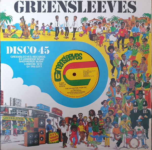 Image of Back Cover of 12" - VG/G+ - BARRINGTON LEVY / SCORCHER & ROOTS RADICS BAND, Englishman / The Daughter Them Ire (Greensleeves Records; GRED 28, UK 1979, Company Sleeve), Covered in light marks, plays VG+ throughout! SWOL. Sticker residue on company sleeve.,  - 1016145C