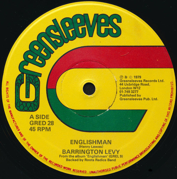 Image of Label Cover of 12" - VG/G+ - BARRINGTON LEVY / SCORCHER & ROOTS RADICS BAND, Englishman / The Daughter Them Ire (Greensleeves Records; GRED 28, UK 1979, Company Sleeve), Covered in light marks, plays VG+ throughout! SWOL. Sticker residue on company sleeve.,  - 1016145C